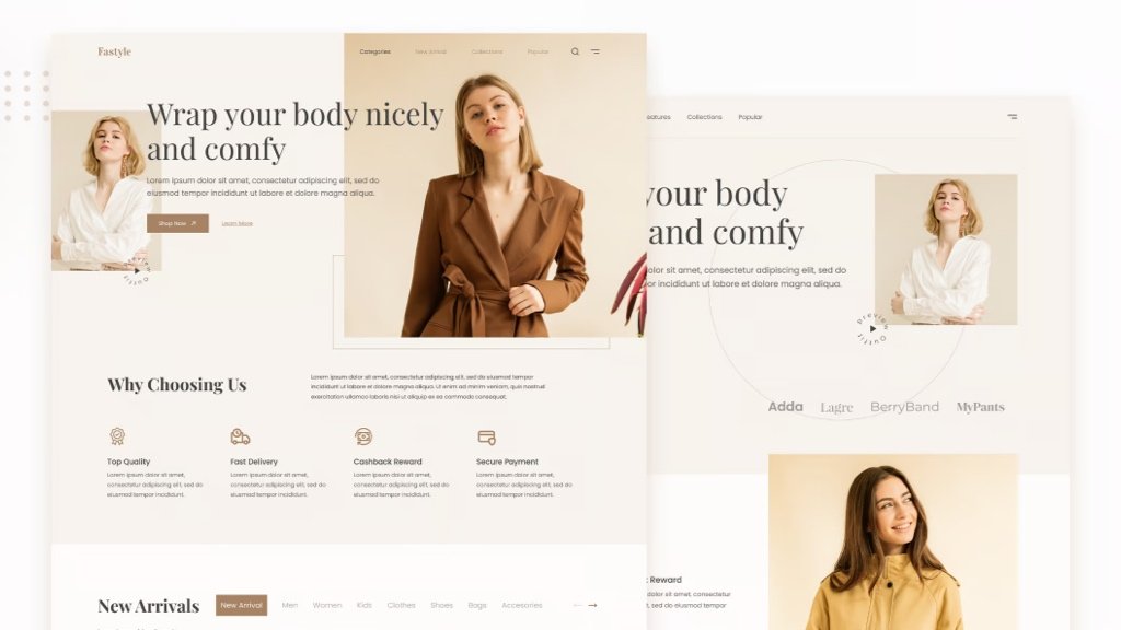 Dini onlini Kleider-Store erstelle und dini digitale Presence Moderne Modemarken-Website ufem Laptop und Natel azeigt